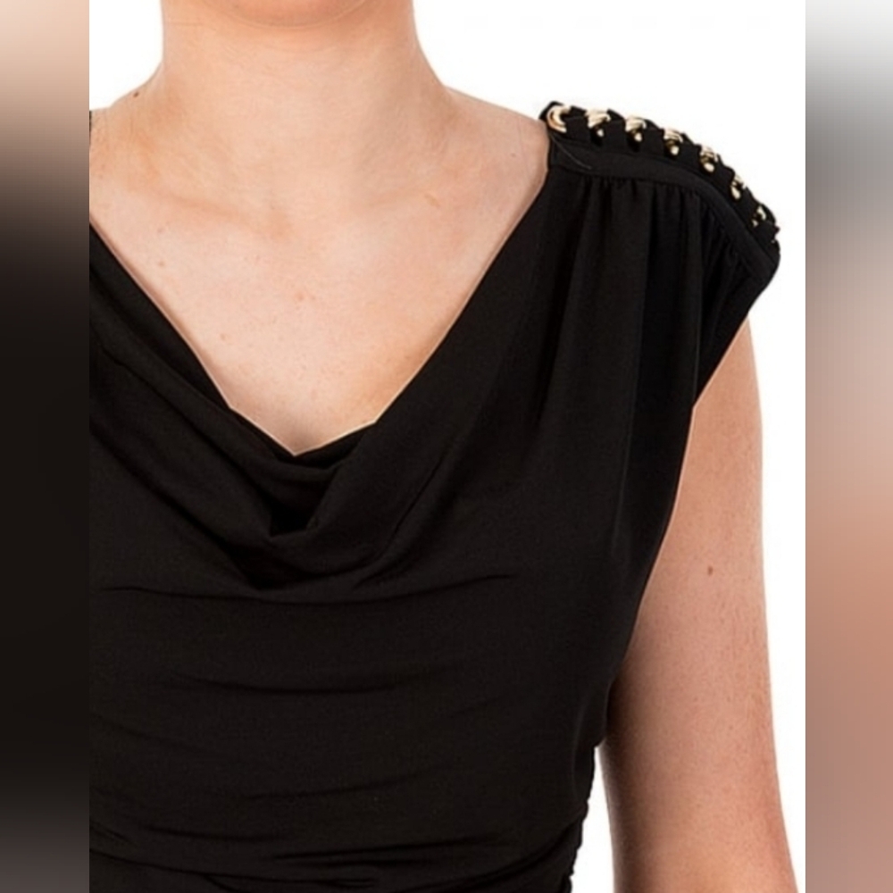 Michael Kors Black Cowl Neck Sleeveless Top With Gold Chain Shoulder Detail